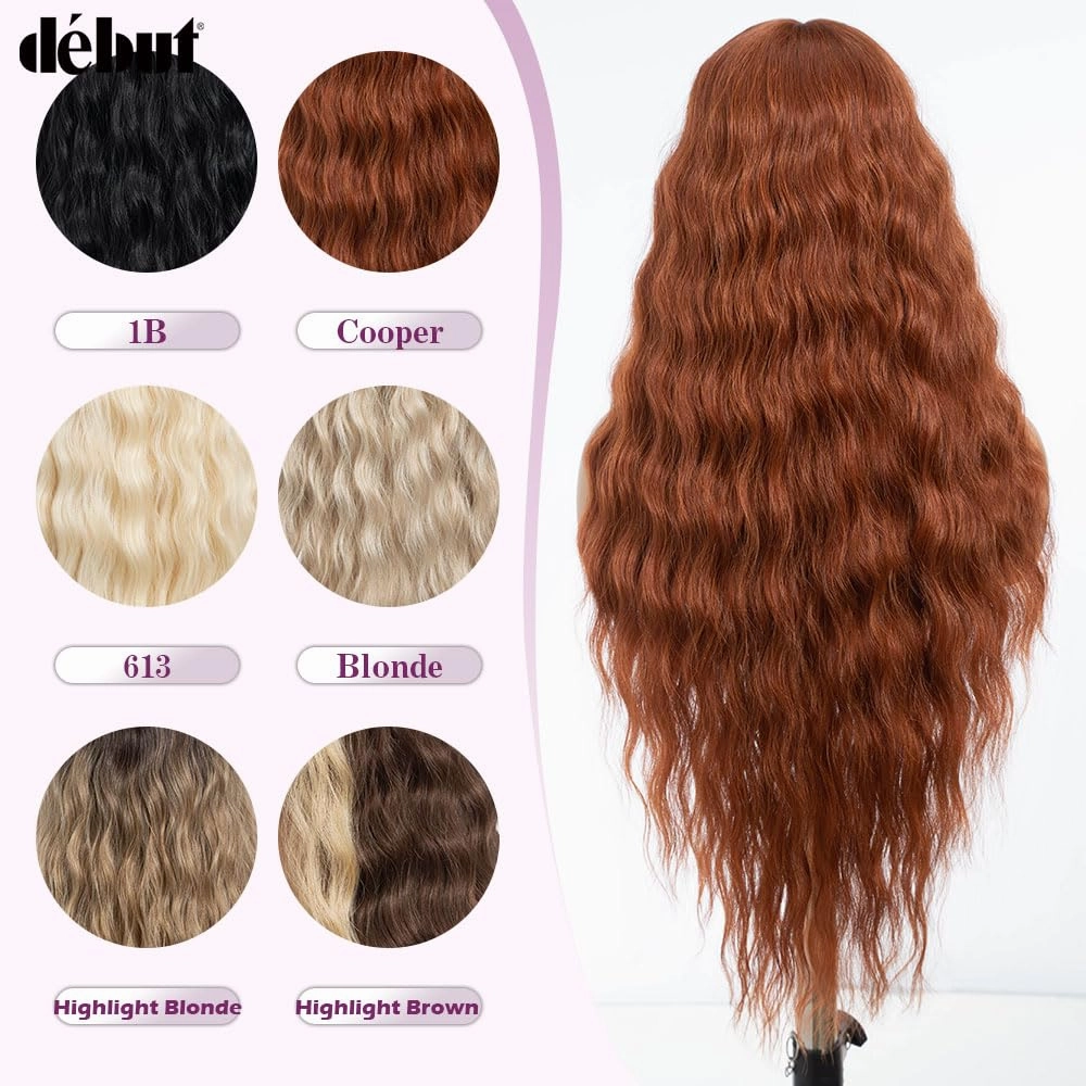 DÉBUT 30 Inches Water Wave Copper Red 13x6x0.5 Lace Front Wigs Long Wavy Synthetic Hair Middle Part Wig for Cosplay Daily Use