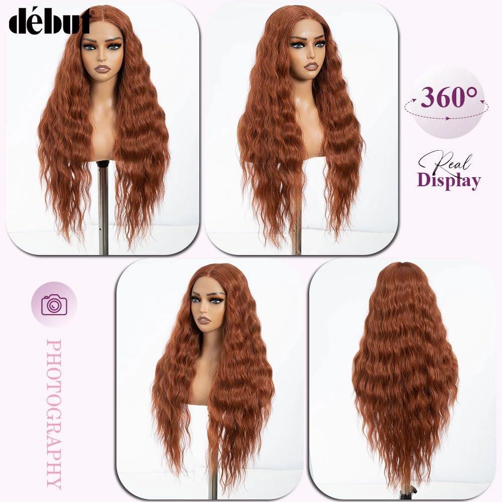 DÉBUT 30 Inches Water Wave Copper Red 13x6x0.5 Lace Front Wigs Long Wavy Synthetic Hair Middle Part Wig for Cosplay Daily Use