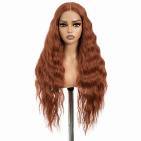 DÉBUT 30 Inches Water Wave Copper Red 13x6x0.5 Lace Front Wigs Long Wavy Synthetic Hair Middle Part Wig for Cosplay Daily Use
