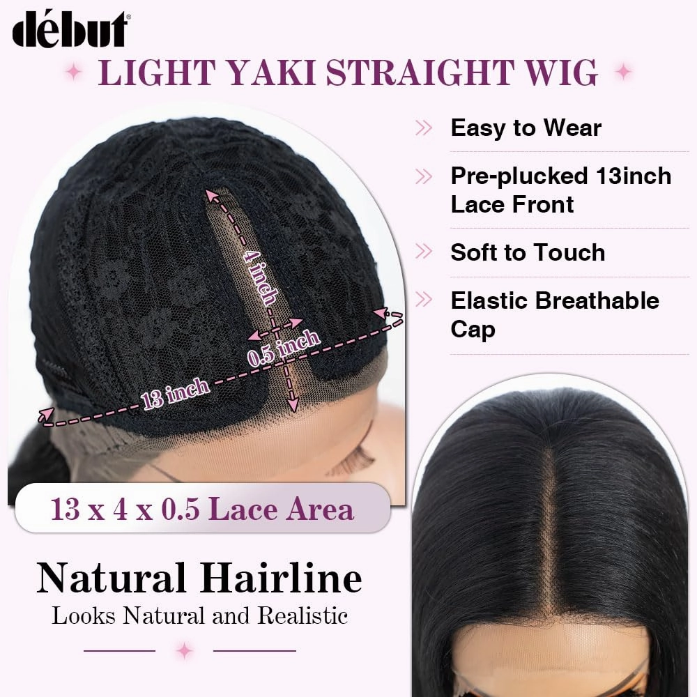 DÉBUT Light Yaki Straight Lace Front Wigs 36 Inches Super Long Wig 13x4x0.5 Middle Part Natural Hairline with Baby Hair Synthetic Wig for Women 1B Color