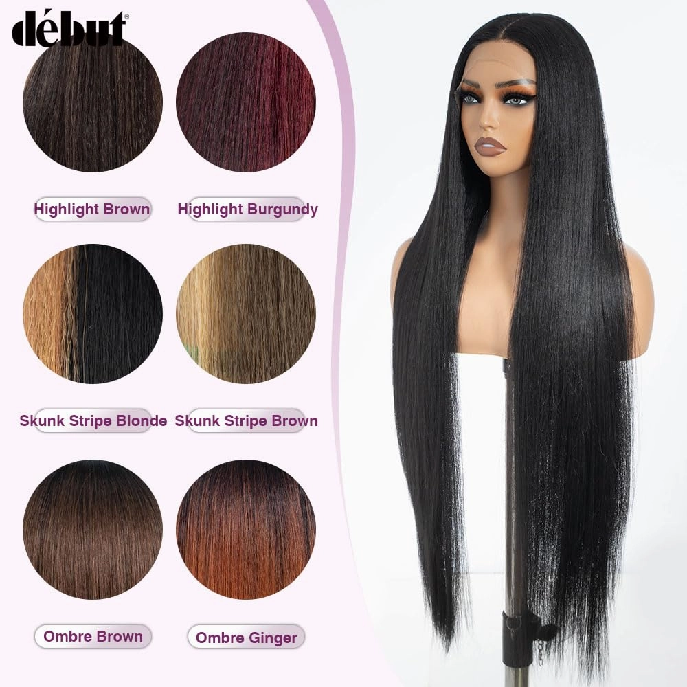 DÉBUT Light Yaki Straight Lace Front Wigs 36 Inches Super Long Wig 13x4x0.5 Middle Part Natural Hairline with Baby Hair Synthetic Wig for Women 1B Color