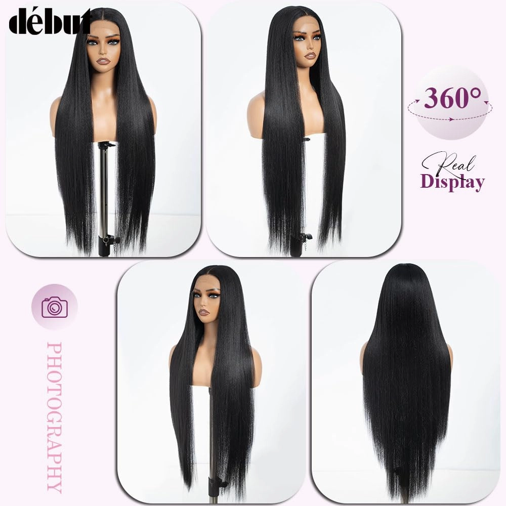 DÉBUT Light Yaki Straight Lace Front Wigs 36 Inches Super Long Wig 13x4x0.5 Middle Part Natural Hairline with Baby Hair Synthetic Wig for Women 1B Color