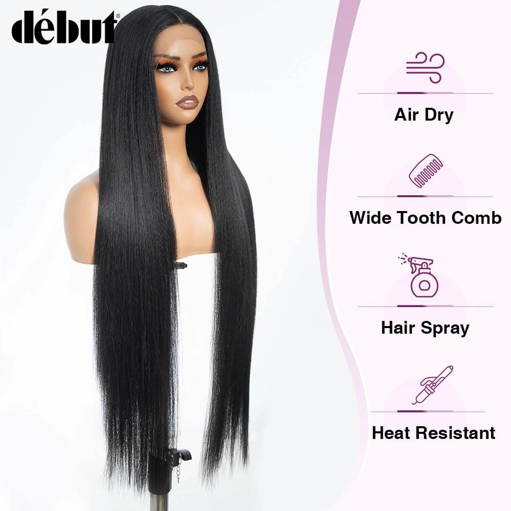 DÉBUT Light Yaki Straight Lace Front Wigs 36 Inches Super Long Wig 13x4x0.5 Middle Part Natural Hairline with Baby Hair Synthetic Wig for Women 1B Color