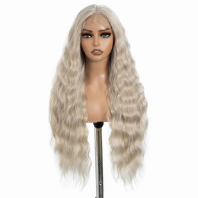 DÉBUT Long Wavy Lace Front Wigs 30 Inches Light Blonde 13x6x0.5 Synthetic Hair High Temperature Wig Middle Part Wig for Women Cosplay Daily Use