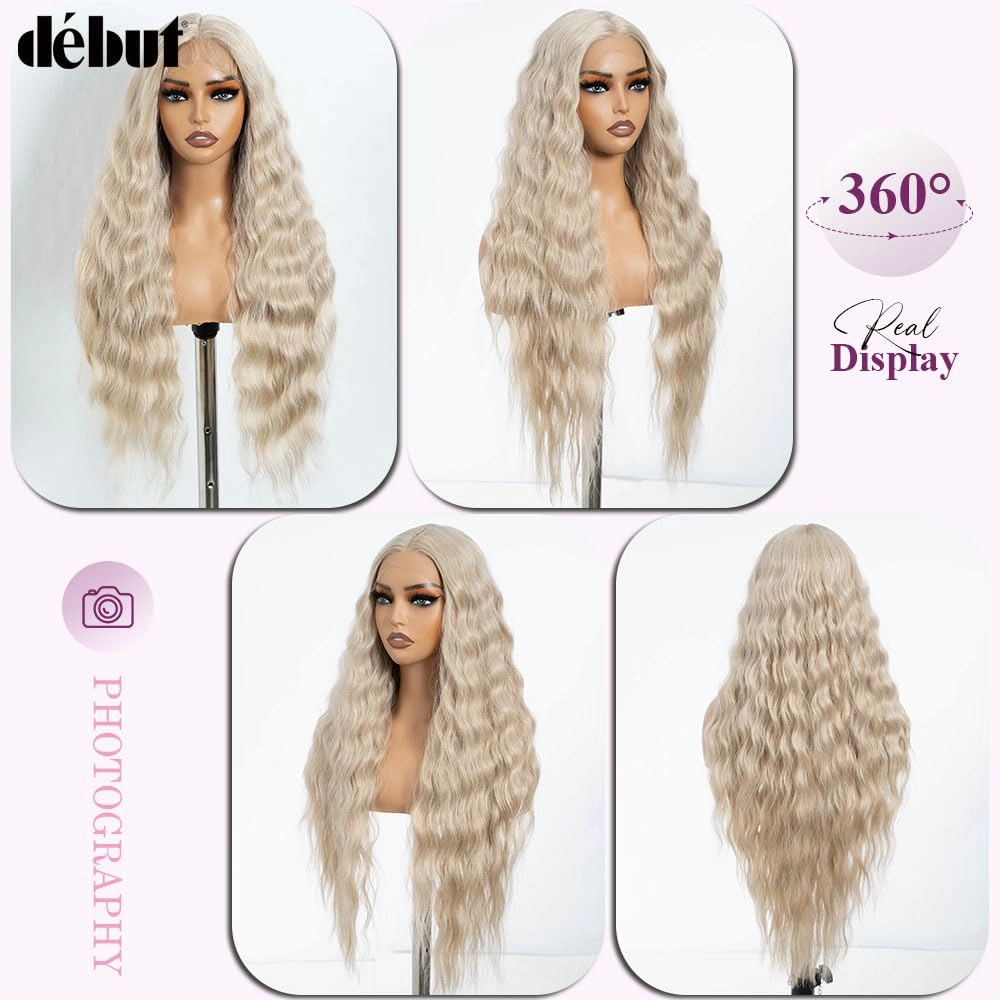 DÉBUT Long Wavy Lace Front Wigs 30 Inches Light Blonde 13x6x0.5 Synthetic Hair High Temperature Wig Middle Part Wig for Women Cosplay Daily Use