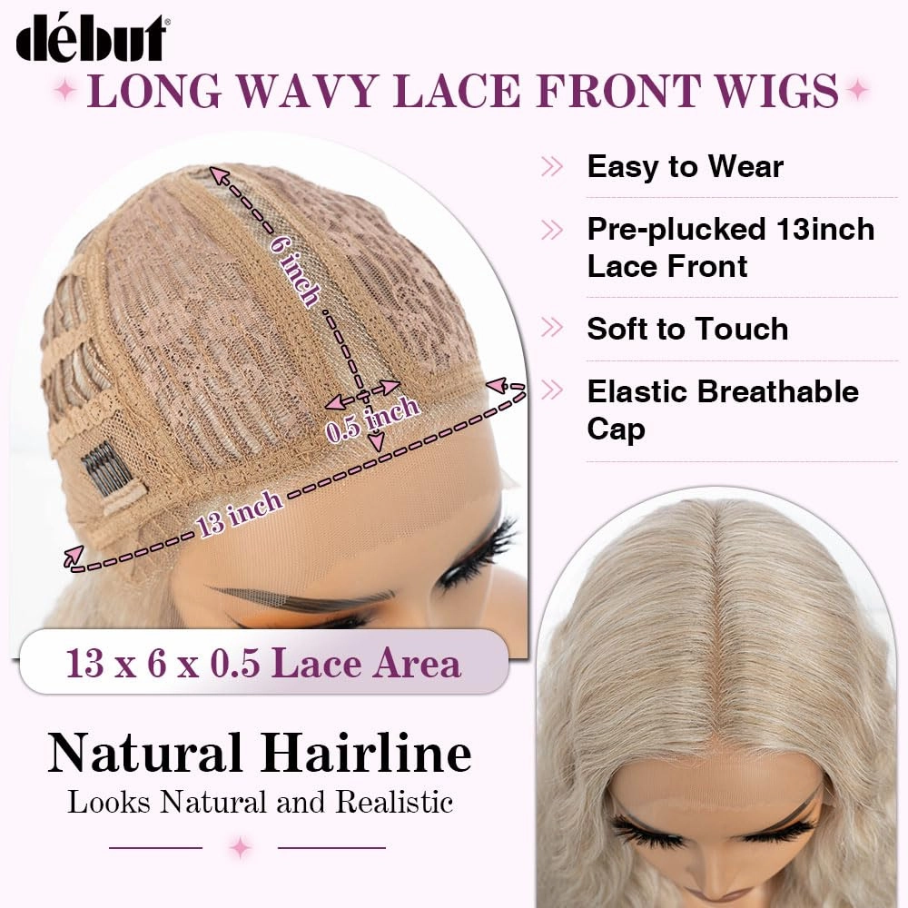 DÉBUT Long Wavy Lace Front Wigs 30 Inches Light Blonde 13x6x0.5 Synthetic Hair High Temperature Wig Middle Part Wig for Women Cosplay Daily Use