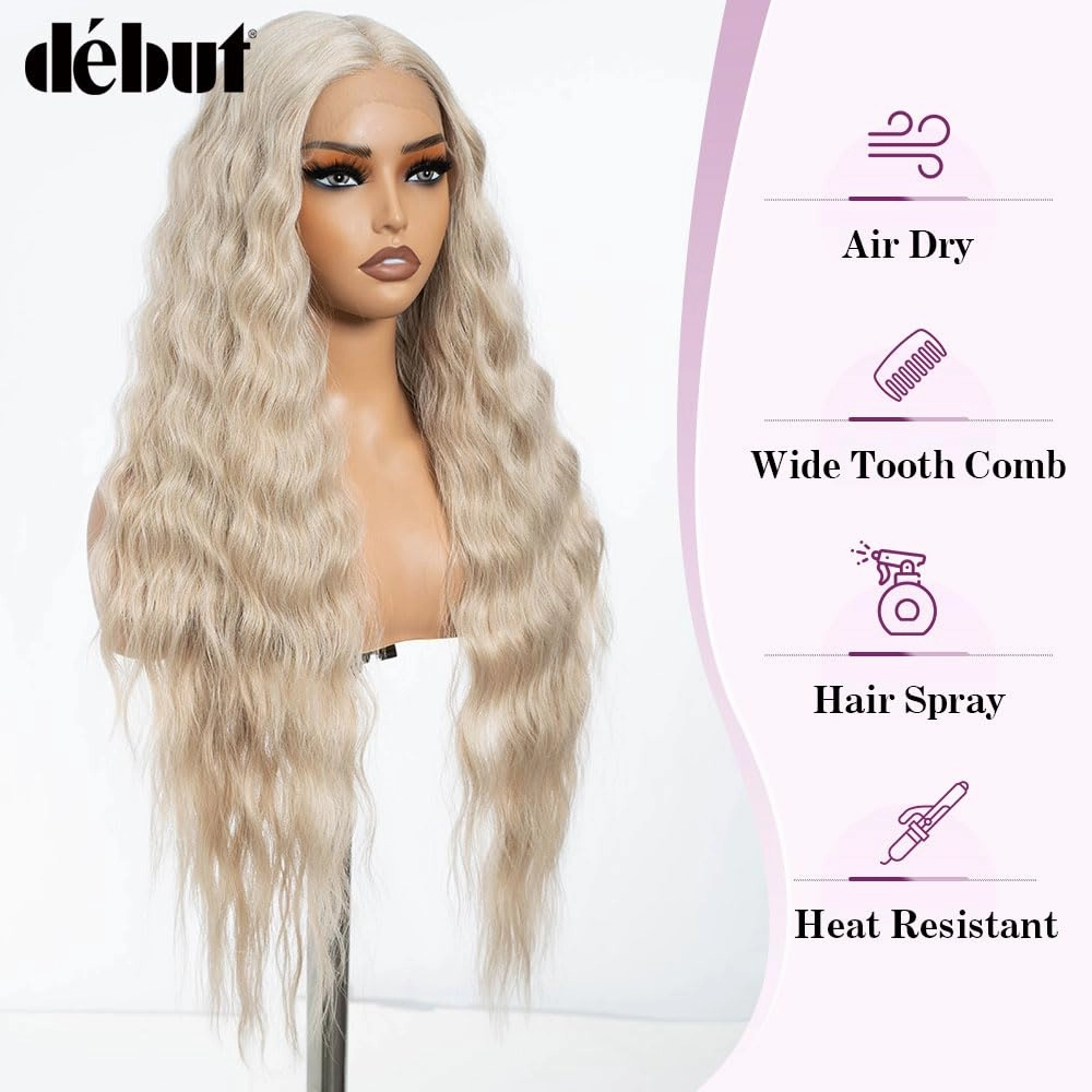 DÉBUT Long Wavy Lace Front Wigs 30 Inches Light Blonde 13x6x0.5 Synthetic Hair High Temperature Wig Middle Part Wig for Women Cosplay Daily Use