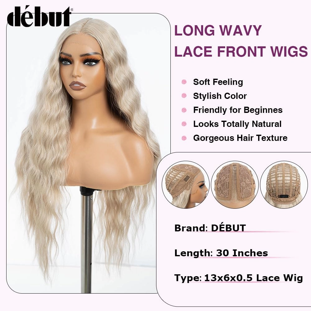 DÉBUT Long Wavy Lace Front Wigs 30 Inches Light Blonde 13x6x0.5 Synthetic Hair High Temperature Wig Middle Part Wig for Women Cosplay Daily Use