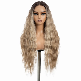 DÉBUT Long Wavy Lace Front Wigs 30 Inches Ombre Highlight Ash Blonde 13x6x0.5 Synthetic Hair High Temperature Wig Middle Part Wig for Women Cosplay Daily Use