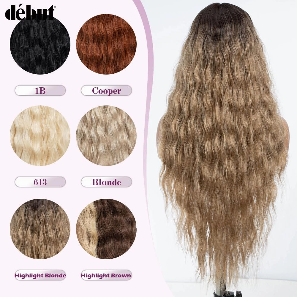 DÉBUT Long Wavy Lace Front Wigs 30 Inches Ombre Highlight Ash Blonde 13x6x0.5 Synthetic Hair High Temperature Wig Middle Part Wig for Women Cosplay Daily Use