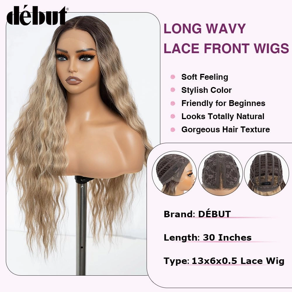 DÉBUT Long Wavy Lace Front Wigs 30 Inches Ombre Highlight Ash Blonde 13x6x0.5 Synthetic Hair High Temperature Wig Middle Part Wig for Women Cosplay Daily Use