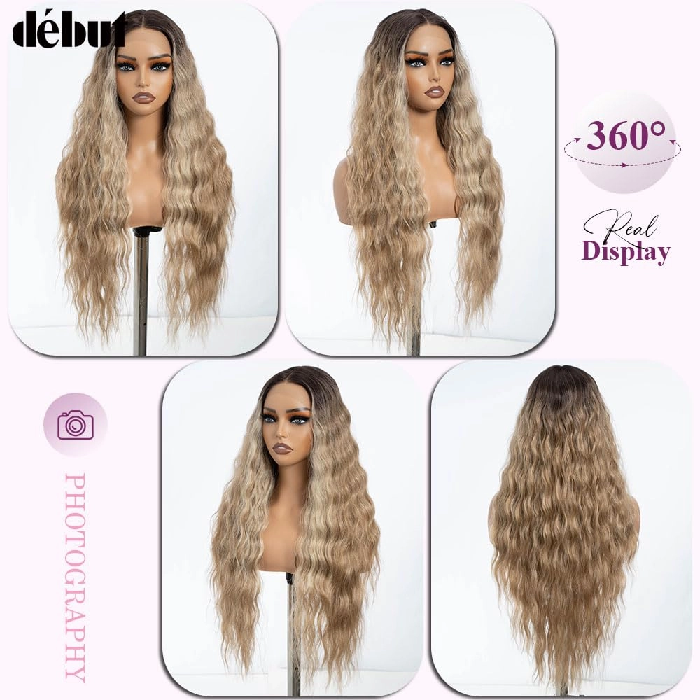 DÉBUT Long Wavy Lace Front Wigs 30 Inches Ombre Highlight Ash Blonde 13x6x0.5 Synthetic Hair High Temperature Wig Middle Part Wig for Women Cosplay Daily Use