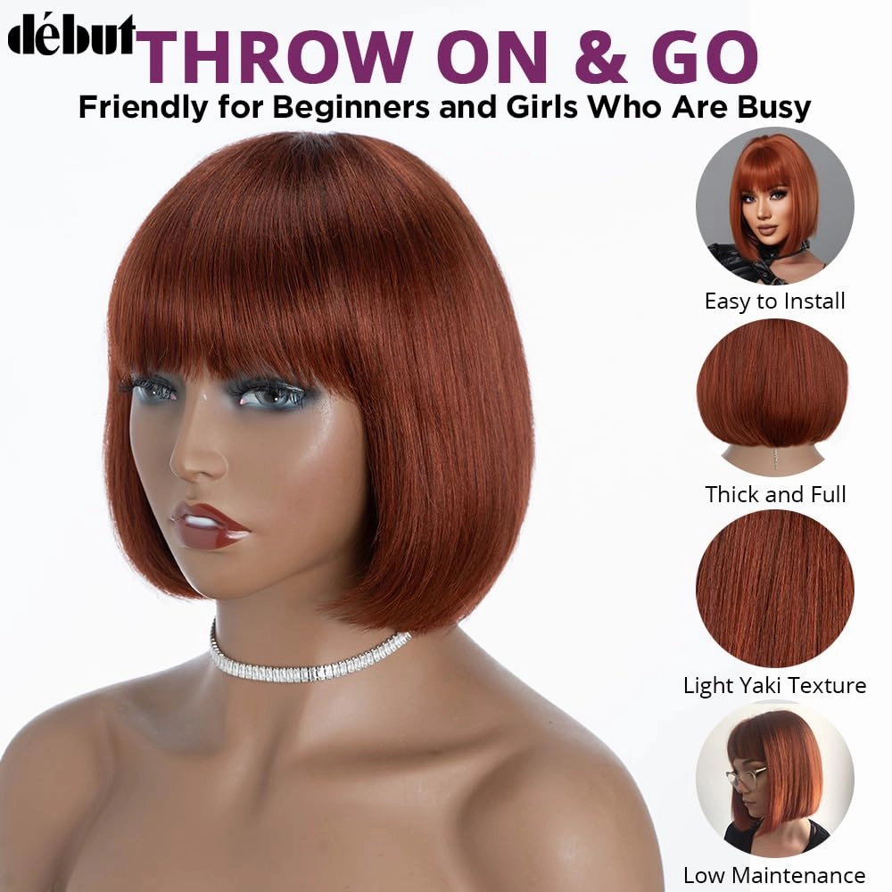 DÉBUT Reddish Brown Short Bob Straight Human Hair Wigs with Bangs, Glueless Wear and Go Wig Brazilian Virgin Hair, Non Lace Front Wigs for Women Daily Use 8 Inches
