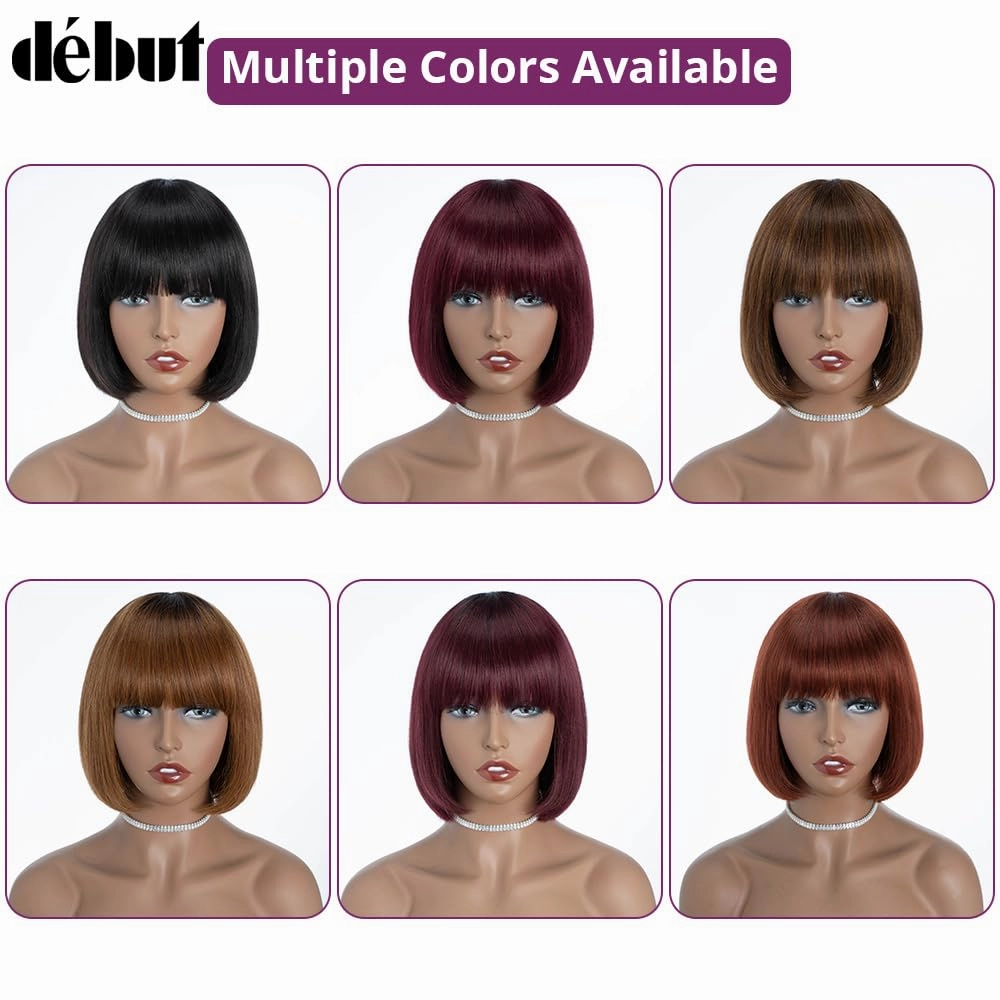 DÉBUT Reddish Brown Short Bob Straight Human Hair Wigs with Bangs, Glueless Wear and Go Wig Brazilian Virgin Hair, Non Lace Front Wigs for Women Daily Use 8 Inches