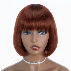 DÉBUT Reddish Brown Short Bob Straight Human Hair Wigs with Bangs, Glueless Wear and Go Wig Brazilian Virgin Hair, Non Lace Front Wigs for Women Daily Use 8 Inches