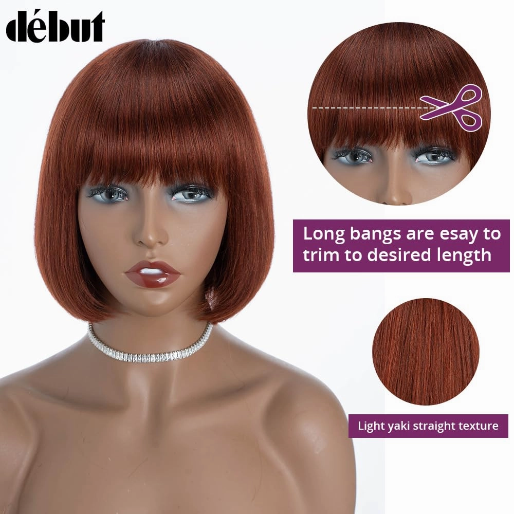 DÉBUT Reddish Brown Short Bob Straight Human Hair Wigs with Bangs, Glueless Wear and Go Wig Brazilian Virgin Hair, Non Lace Front Wigs for Women Daily Use 8 Inches