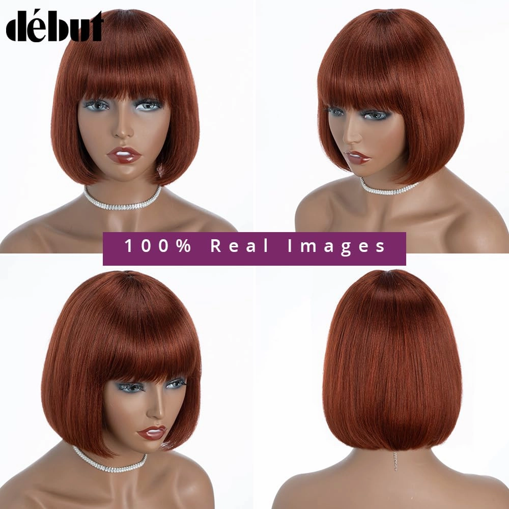 DÉBUT Reddish Brown Short Bob Straight Human Hair Wigs with Bangs, Glueless Wear and Go Wig Brazilian Virgin Hair, Non Lace Front Wigs for Women Daily Use 8 Inches