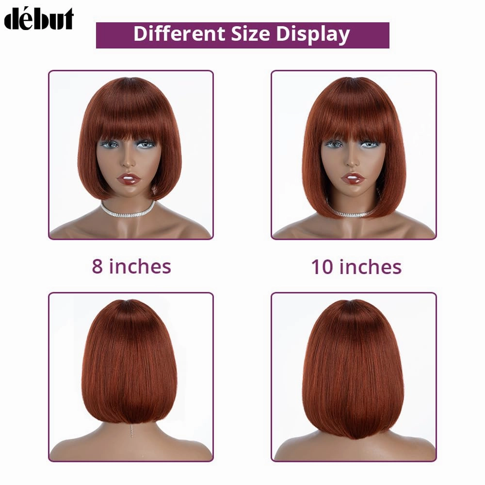 DÉBUT Reddish Brown Short Bob Straight Human Hair Wigs with Bangs, Glueless Wear and Go Wig Brazilian Virgin Hair, Non Lace Front Wigs for Women Daily Use 8 Inches