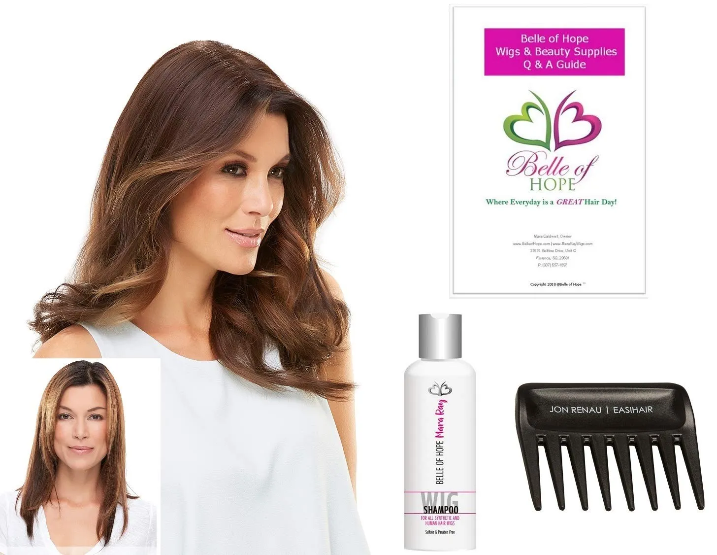 Easipart HD 18" Synthetic Clip-in Topper by Jon Renau, Wide Tooth Comb, Mara Ray 4oz Luxury Shampoo, 19 Page Belle of Hope Wig Care Booklet, Bundle 4pc (12/30BT)