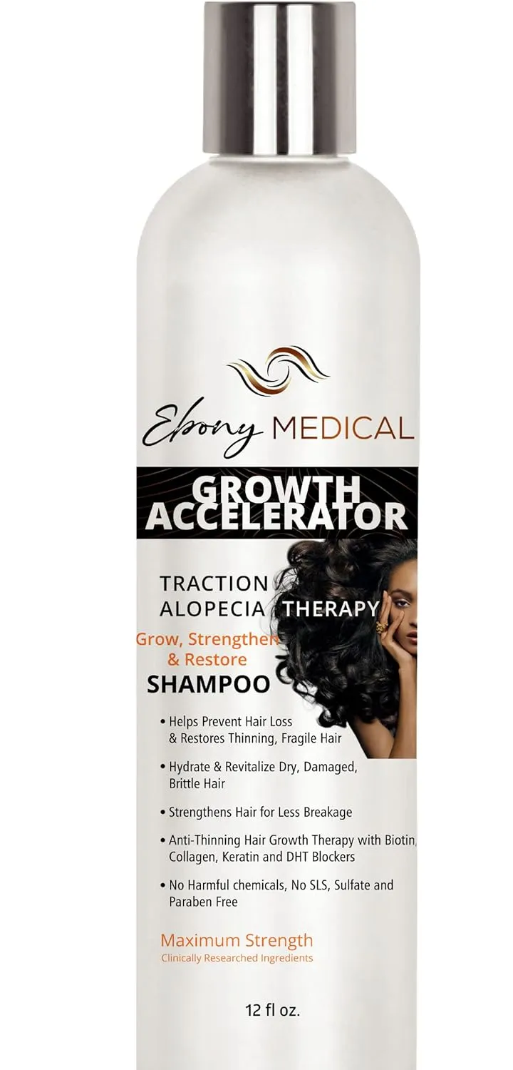 Ebony Medical Alopecia Areata Treatment Shampoo – Hair Loss & Thinning Hair Support – Stimulates Hair Growth & Scalp Health – Receding Hairline & Bald Spot Solution – 12 fl oz – Natural & Vegan