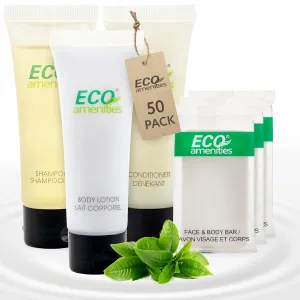 Eco Amenities - Set of 4 Bar Soaps, Shampoo, Conditioner, Body Lotion (ECO tubes 1 oz 200 Piece Set - 50 Bar Soaps, 50 Shampoo, 50 Conditioner, 50 Body Lotion) (1oz, 200)