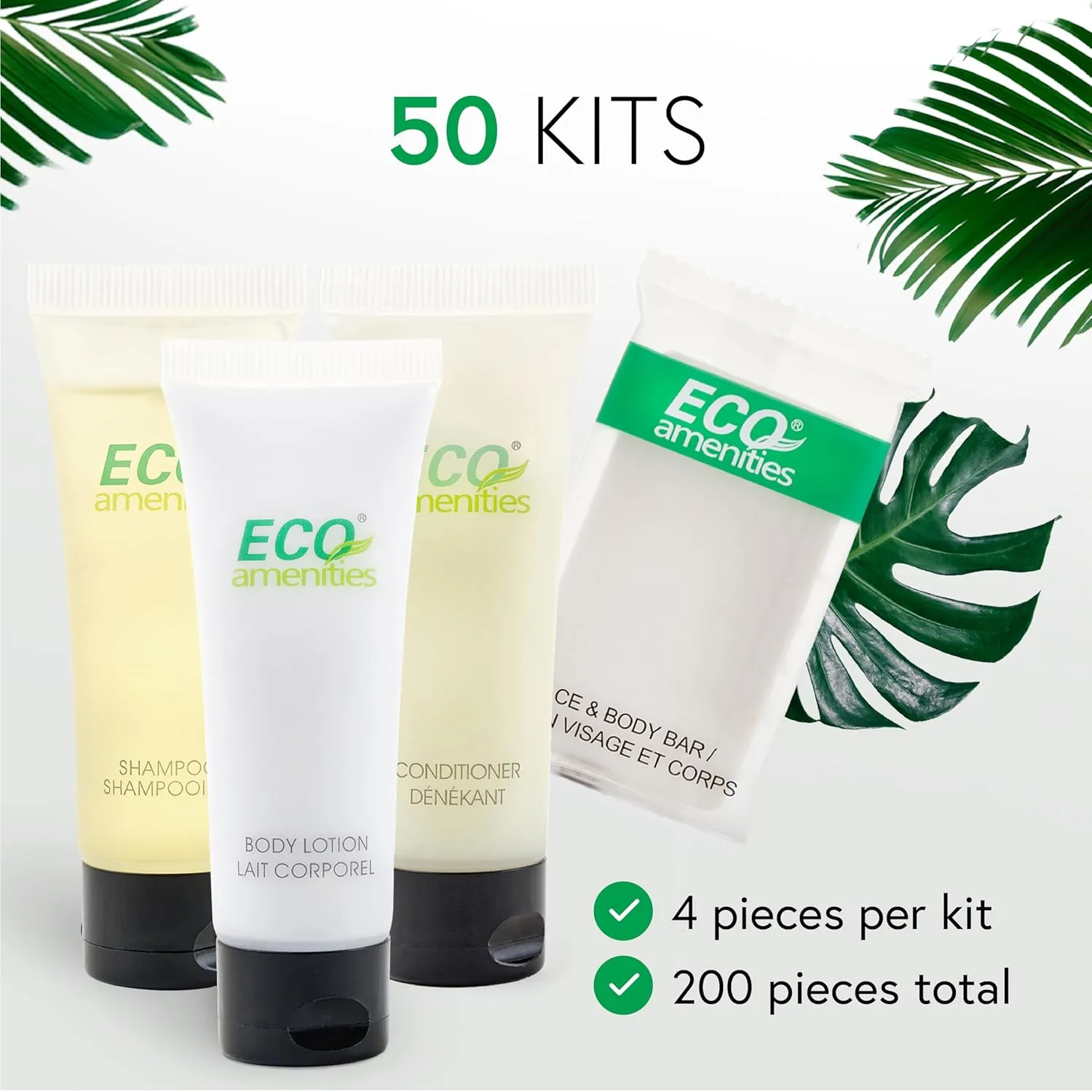 Eco Amenities - Set of 4 Bar Soaps, Shampoo, Conditioner, Body Lotion (ECO tubes 1 oz 200 Piece Set - 50 Bar Soaps, 50 Shampoo, 50 Conditioner, 50 Body Lotion) (1oz, 200)