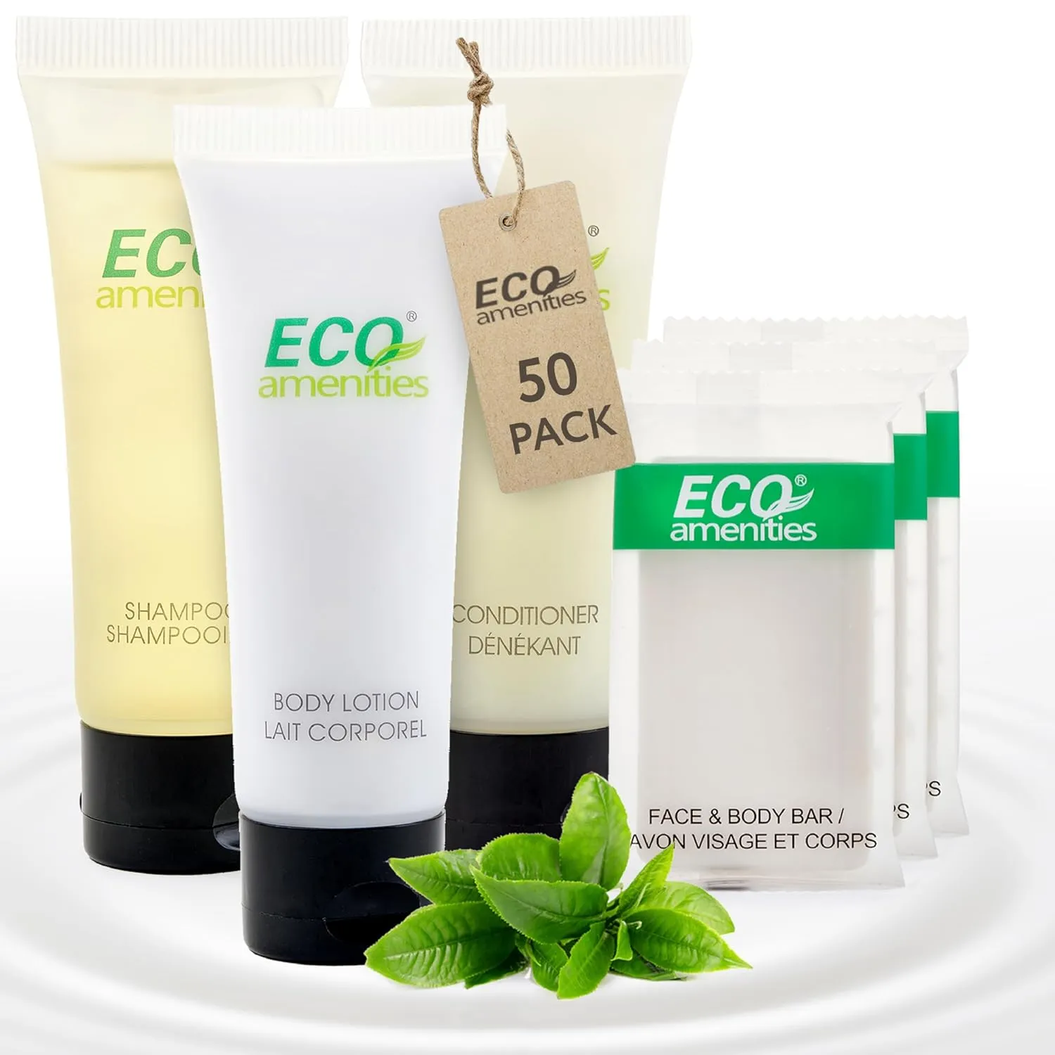 Eco Amenities - Set of 4 Bar Soaps, Shampoo, Conditioner, Body Lotion (ECO tubes 1 oz 200 Piece Set - 50 Bar Soaps, 50 Shampoo, 50 Conditioner, 50 Body Lotion) (1oz, 200)