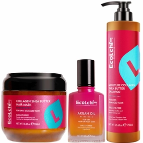 Ecolchi Collagen Hair Mask, Shampoo and Argan Oil Set Natural Ingredient Collagen Deep Conditioning Hair Treatment Shampoo Argan Oil Set for Dry and Damaged All Hair Types 550 60 750ml