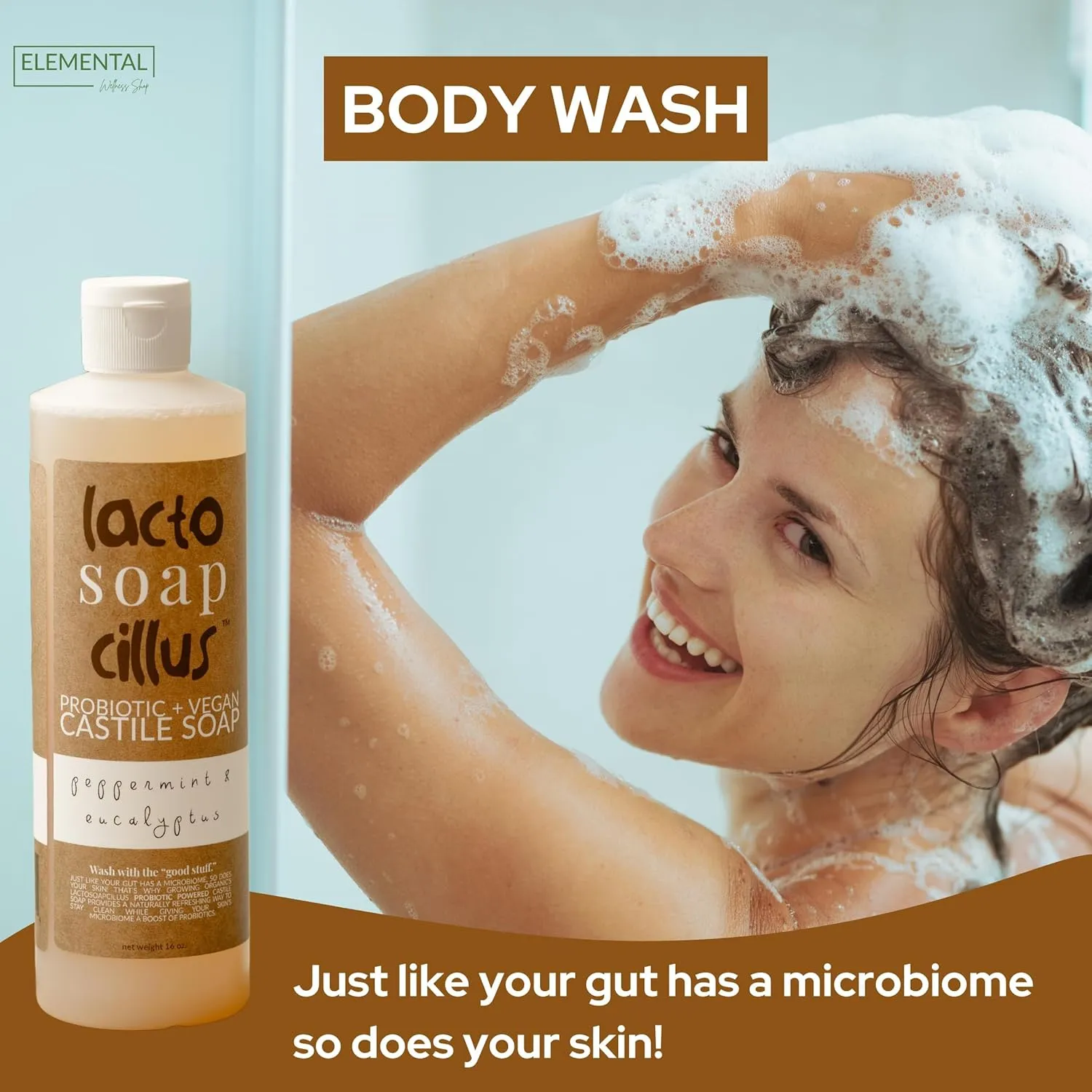 Elemental Wellness, Castile Soap Liquid - Lactosoapcillus, Organic, Probiotic, Vegan, Natural, Peppermint   Eucalyptus Body Wash Scent - Multi-Purpose Liquid Soap, Plant Based Soap - (16 oz)