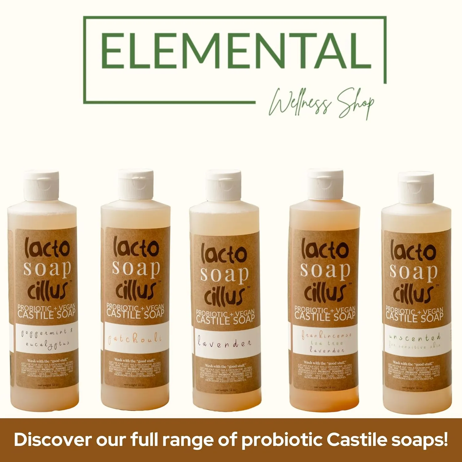 Elemental Wellness, Castile Soap Liquid - Lactosoapcillus, Organic, Probiotic, Vegan, Natural, Peppermint   Eucalyptus Body Wash Scent - Multi-Purpose Liquid Soap, Plant Based Soap - (16 oz)