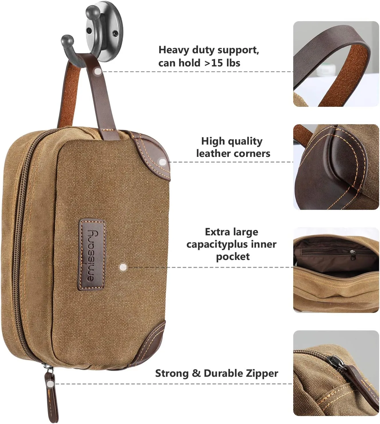 Emissary Men's Leather and Canvas Travel Toiletry Bag, Dopp Kit, Travel Bathroom Bag, Shaving Kit, Small Bags for Travel Accessories (Brown)