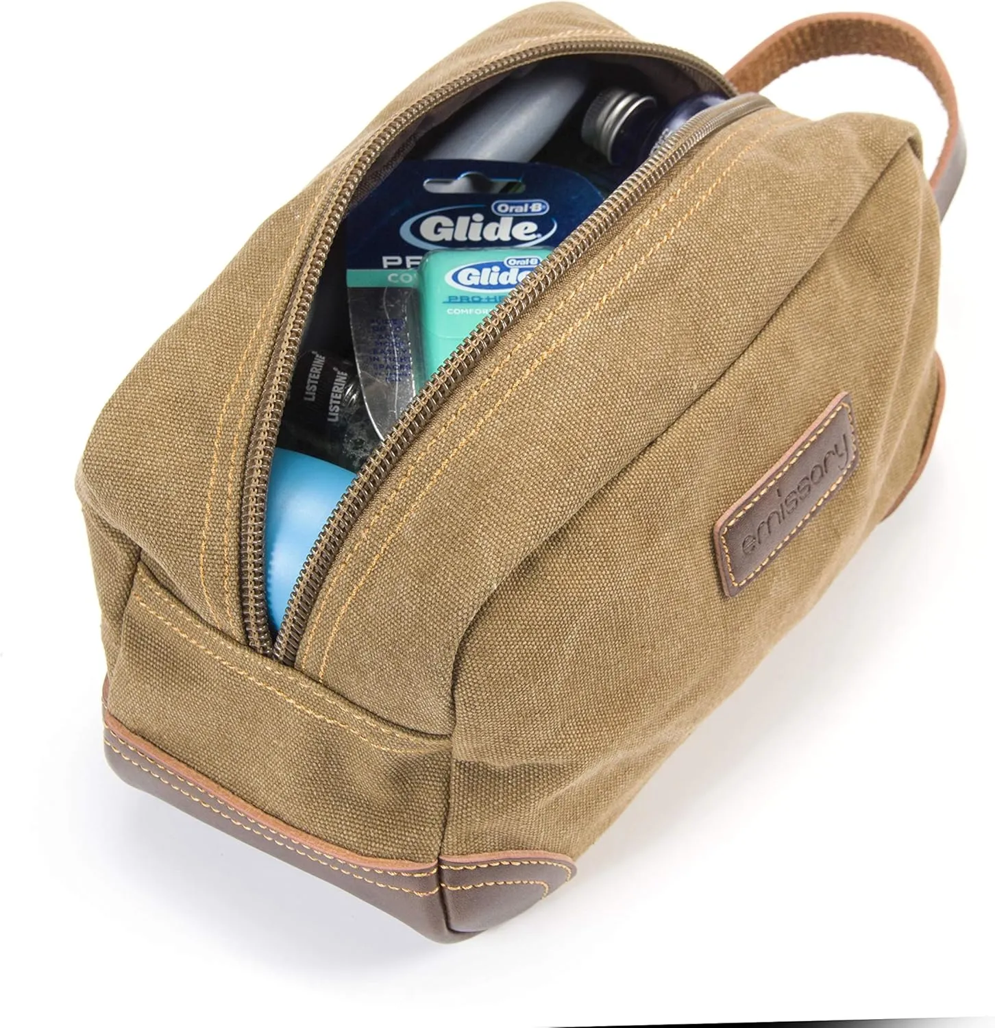 Emissary Men's Leather and Canvas Travel Toiletry Bag, Dopp Kit, Travel Bathroom Bag, Shaving Kit, Small Bags for Travel Accessories (Brown)