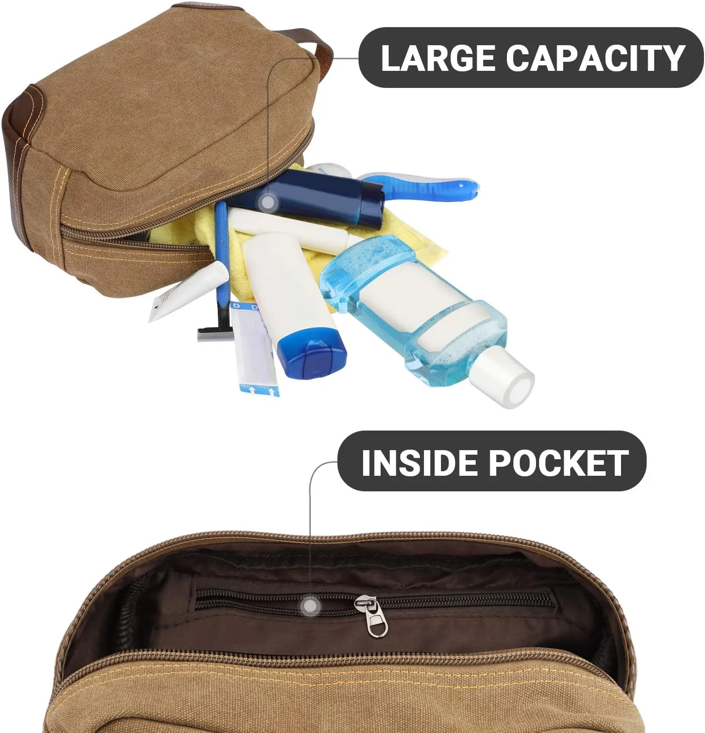 Emissary Men's Leather and Canvas Travel Toiletry Bag, Dopp Kit, Travel Bathroom Bag, Shaving Kit, Small Bags for Travel Accessories (Brown)