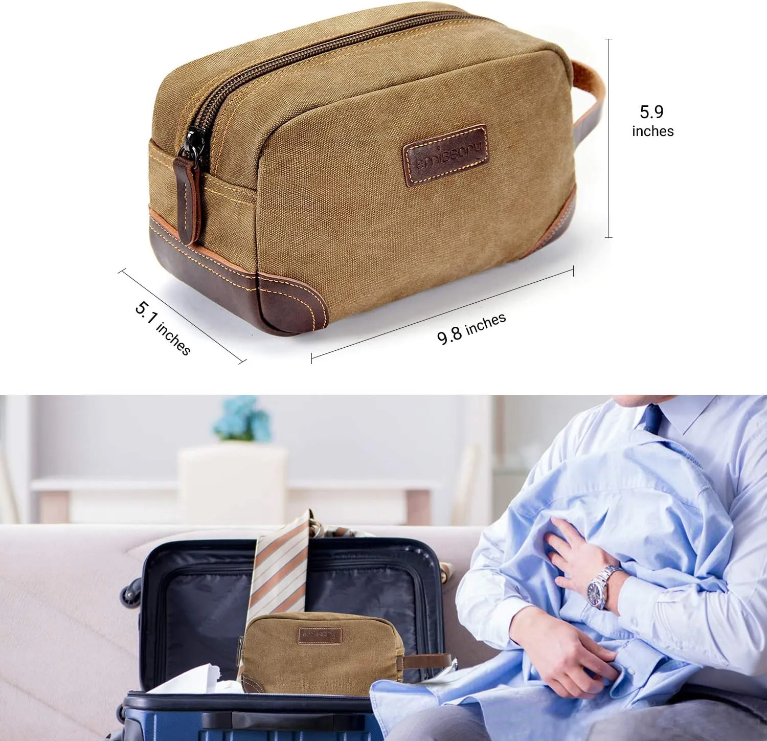 Emissary Men's Leather and Canvas Travel Toiletry Bag, Dopp Kit, Travel Bathroom Bag, Shaving Kit, Small Bags for Travel Accessories (Brown)