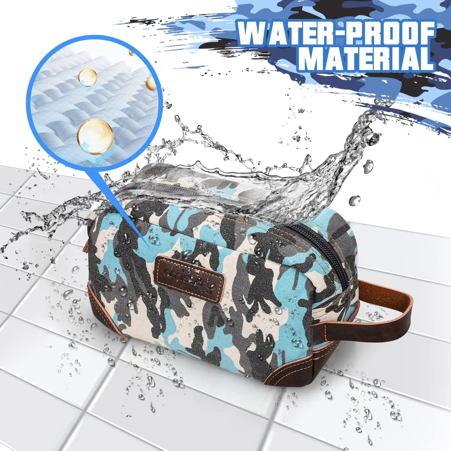 Emissary Men's Toiletry Bag, Leather and Canvas Dopp Kit, Travel Bathroom Bag, Shaving Kit, Small Bags for Men (Camo-Blue)