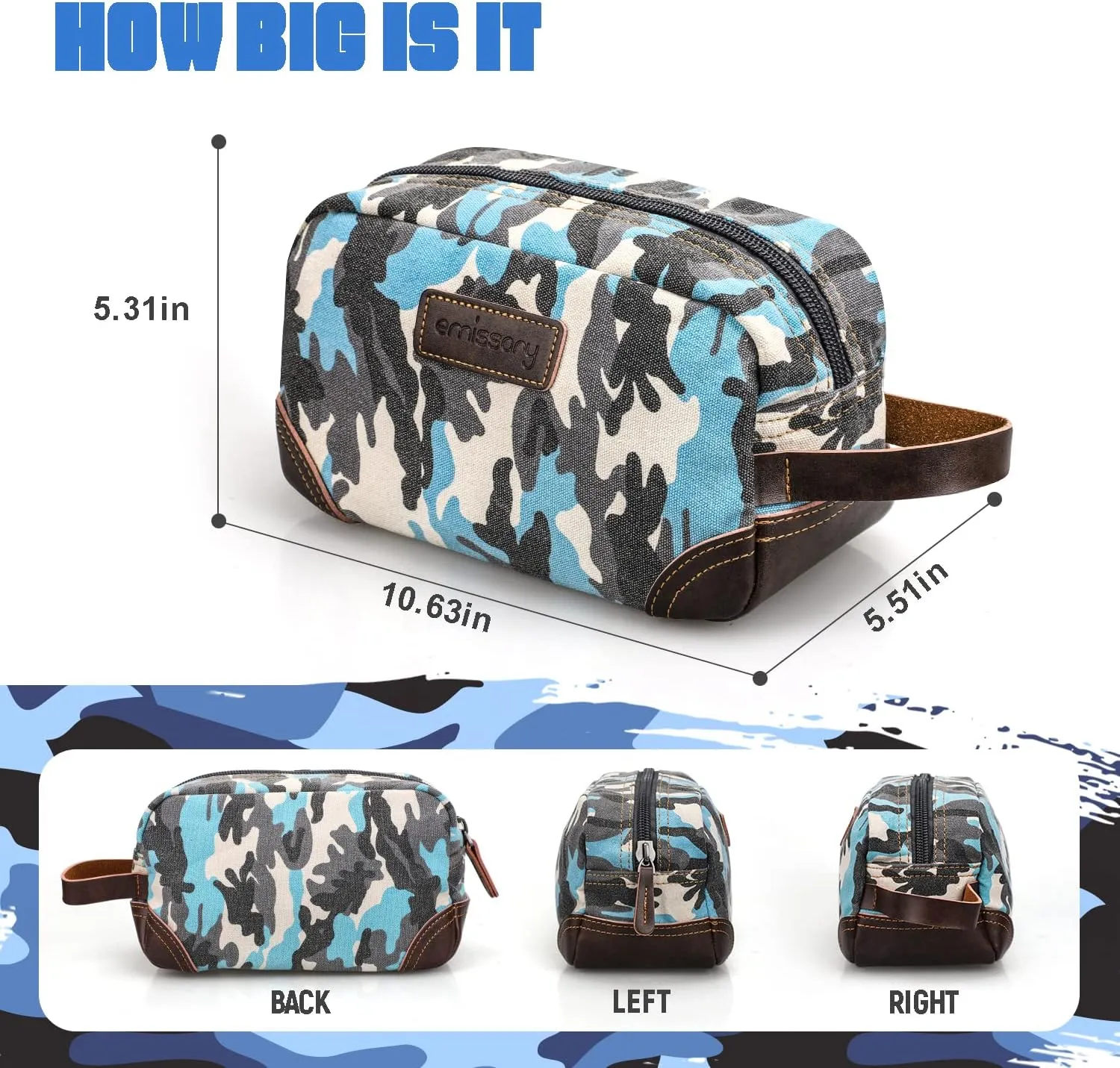 Emissary Men's Toiletry Bag, Leather and Canvas Dopp Kit, Travel Bathroom Bag, Shaving Kit, Small Bags for Men (Camo-Blue)
