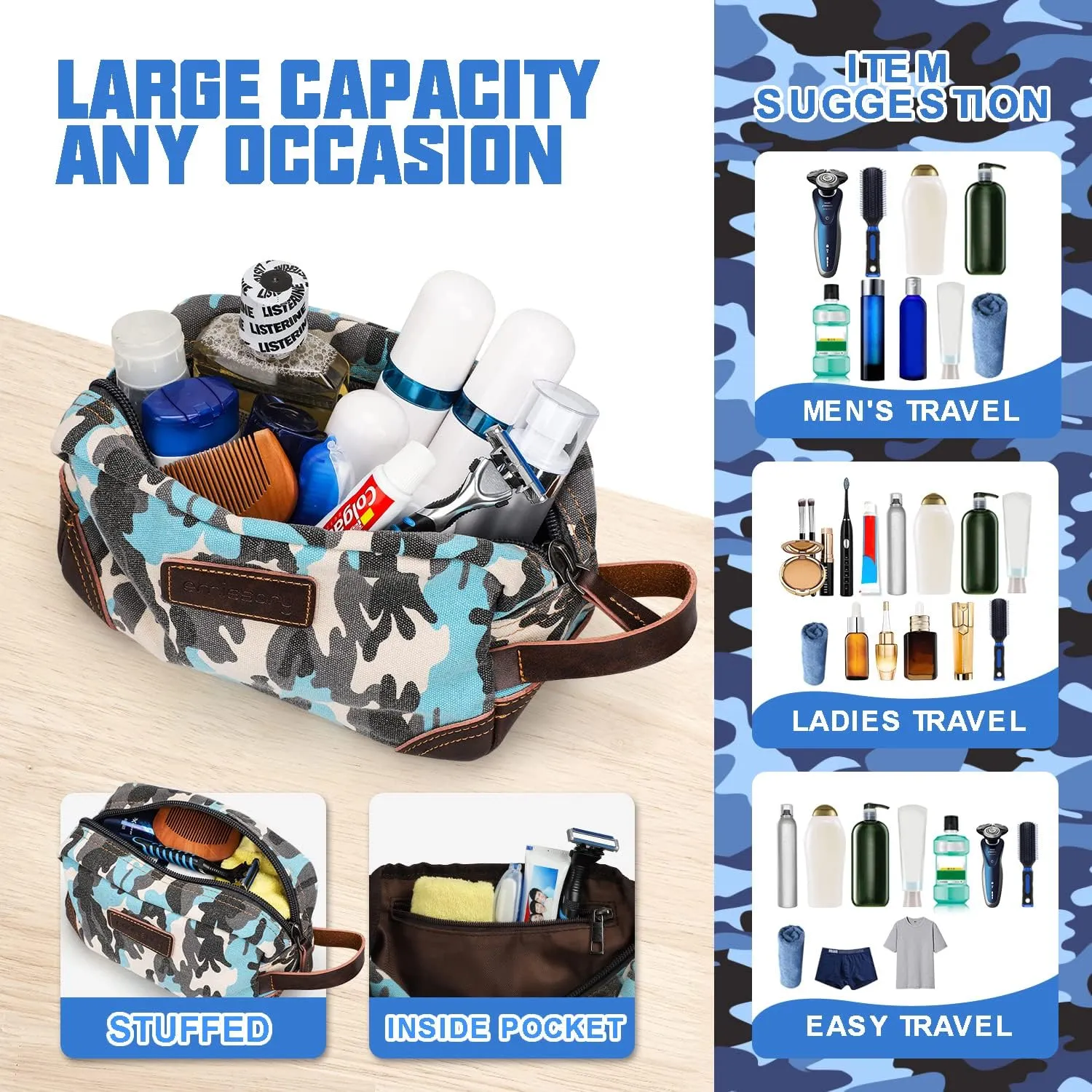 Emissary Men's Toiletry Bag, Leather and Canvas Dopp Kit, Travel Bathroom Bag, Shaving Kit, Small Bags for Men (Camo-Blue)