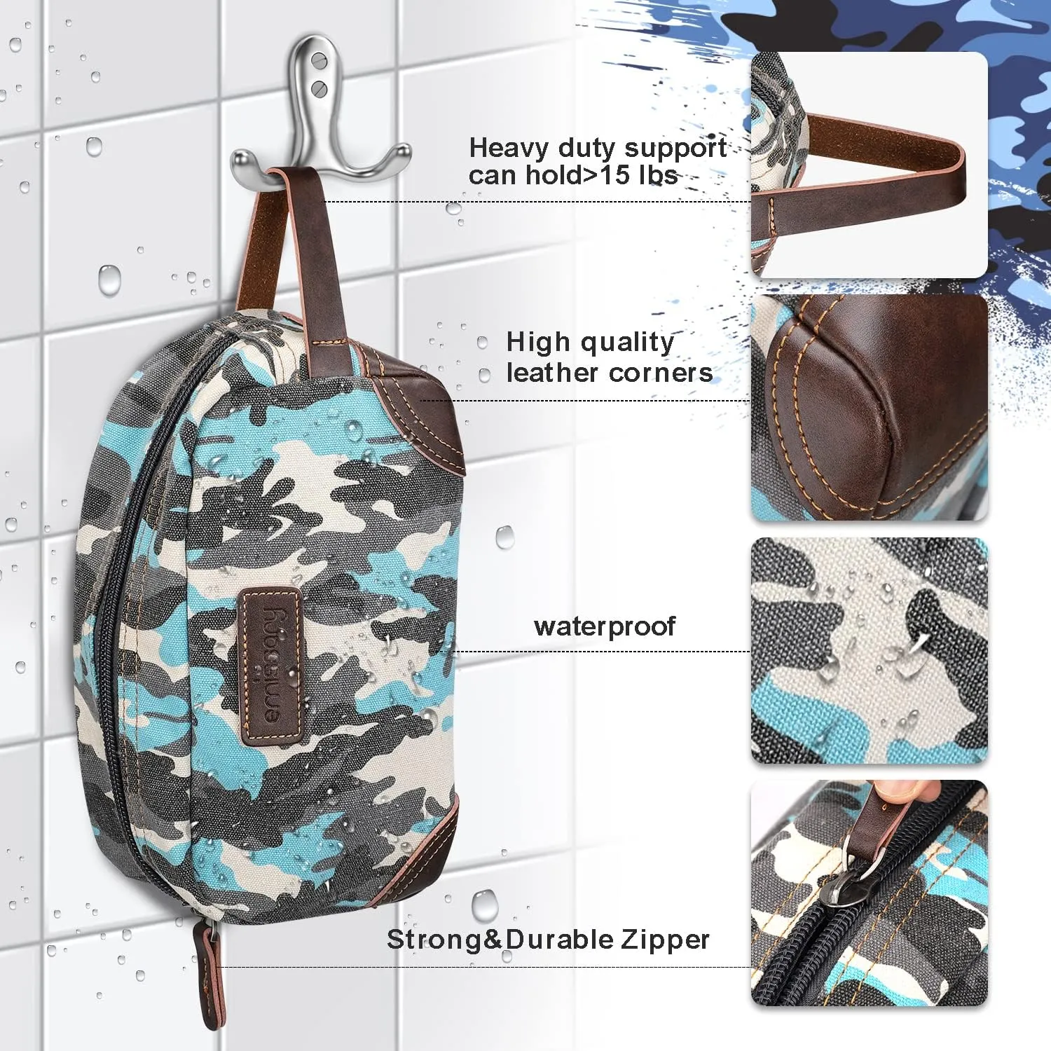 Emissary Men's Toiletry Bag, Leather and Canvas Dopp Kit, Travel Bathroom Bag, Shaving Kit, Small Bags for Men (Camo-Blue)
