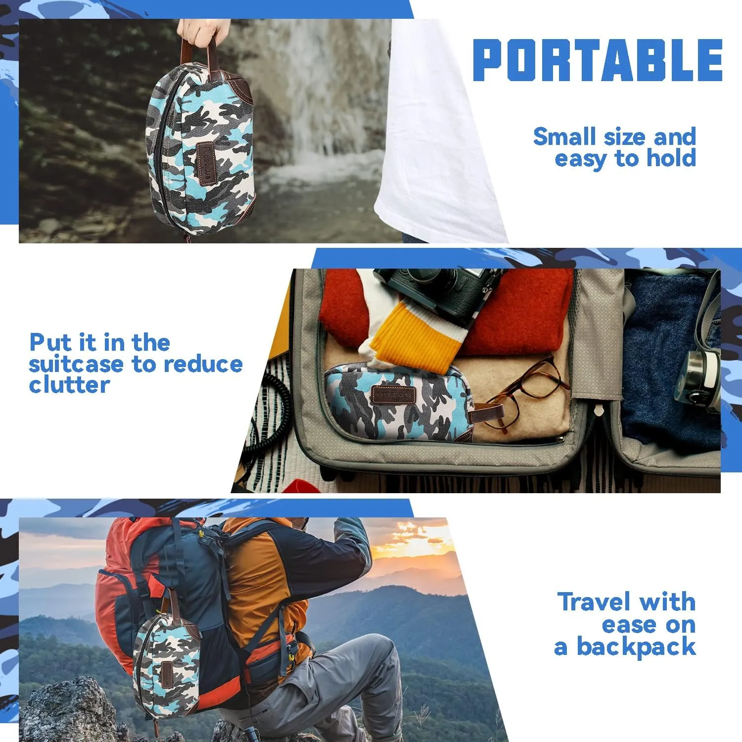 Emissary Men's Toiletry Bag, Leather and Canvas Dopp Kit, Travel Bathroom Bag, Shaving Kit, Small Bags for Men (Camo-Blue)