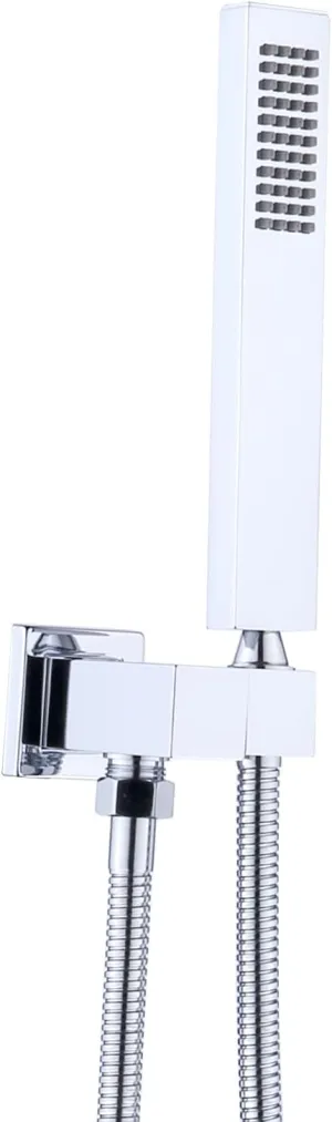 ENGA Square Solid Brass Hand Held Wand Shower Head with Wall Connector and Stainless Steel Hose Set, Chrome