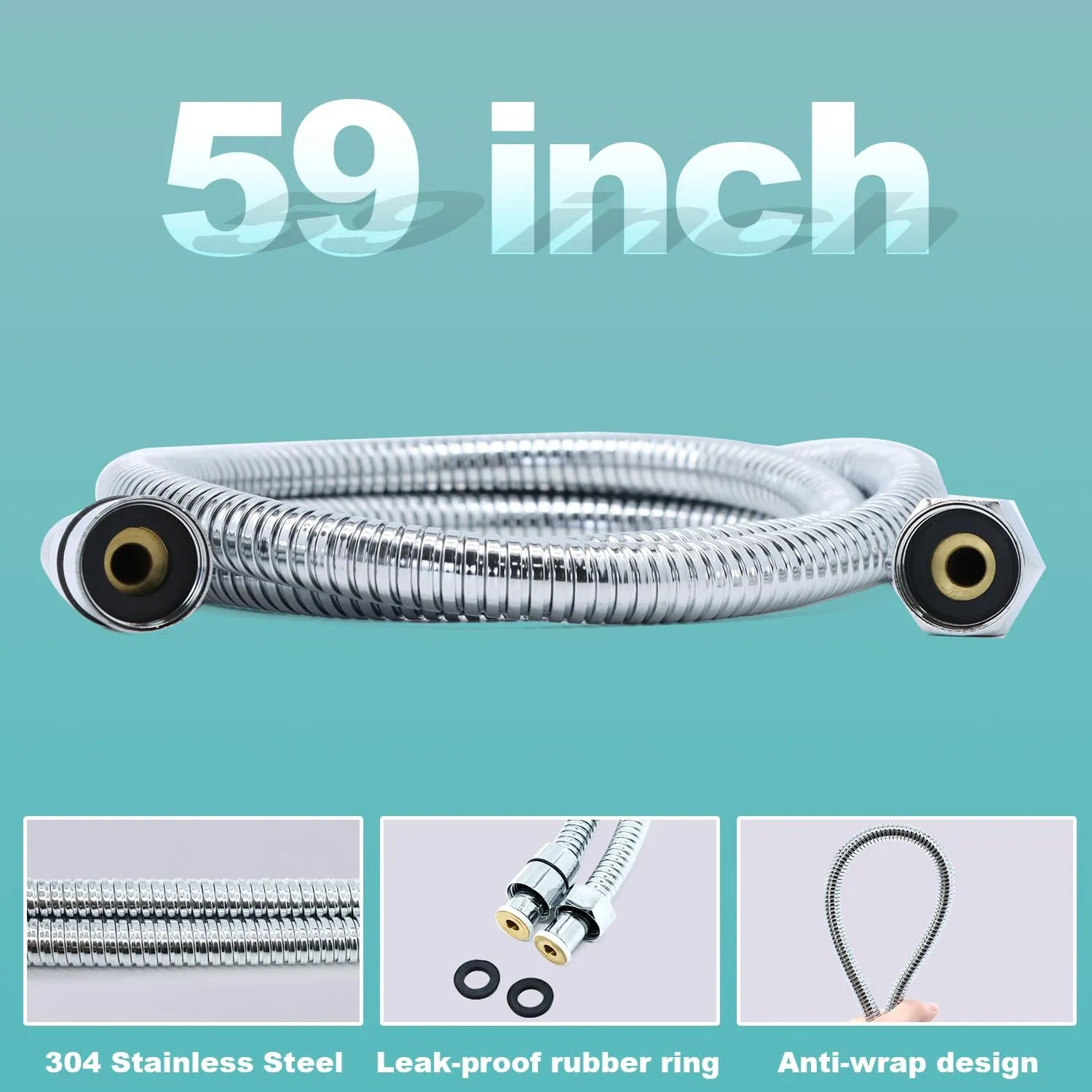 ENGA Square Solid Brass Hand Held Wand Shower Head with Wall Connector and Stainless Steel Hose Set, Chrome