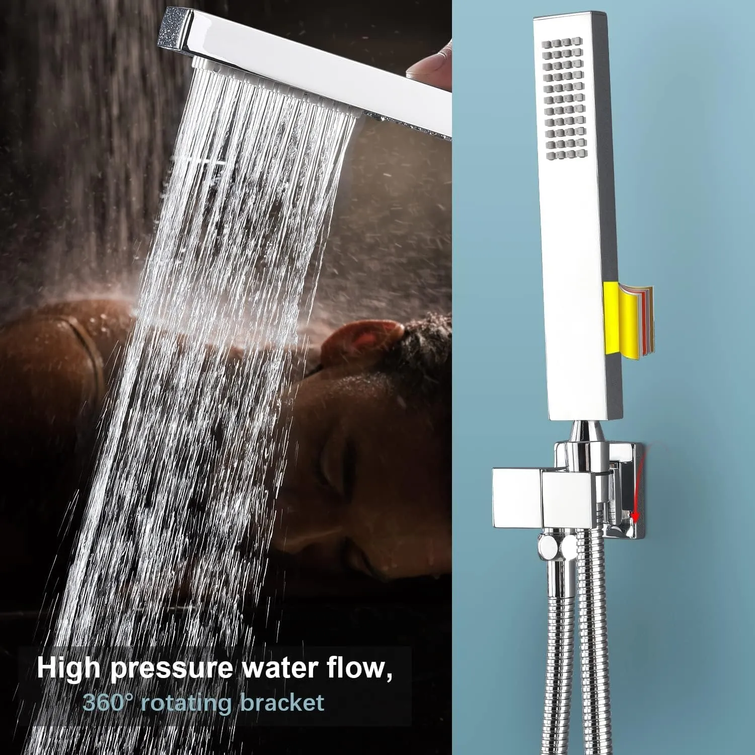 ENGA Square Solid Brass Hand Held Wand Shower Head with Wall Connector and Stainless Steel Hose Set, Chrome