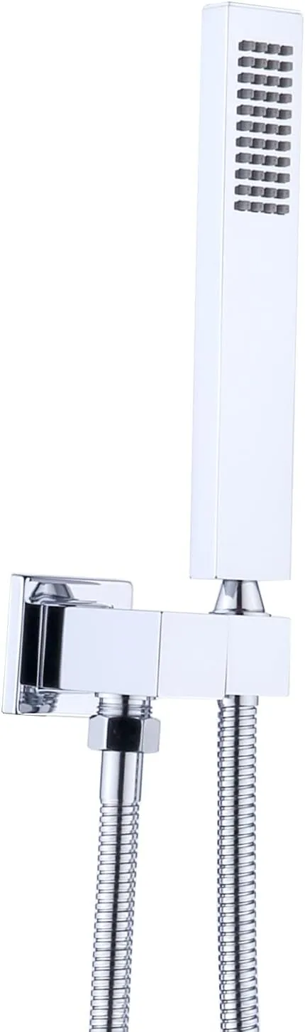 ENGA Square Solid Brass Hand Held Wand Shower Head with Wall Connector and Stainless Steel Hose Set, Chrome