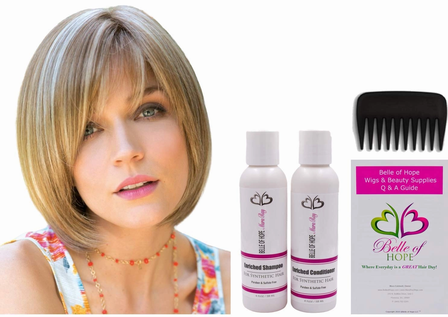 ERIKA Double Mono Synthetic Wig by Amore, 5PC Bundle: Wig, 4oz Mara Ray Enriched Shampoo, Conditioner, Wide Tooth Comb, and 19 Page Belle of Hope Guide (Cappucino)
