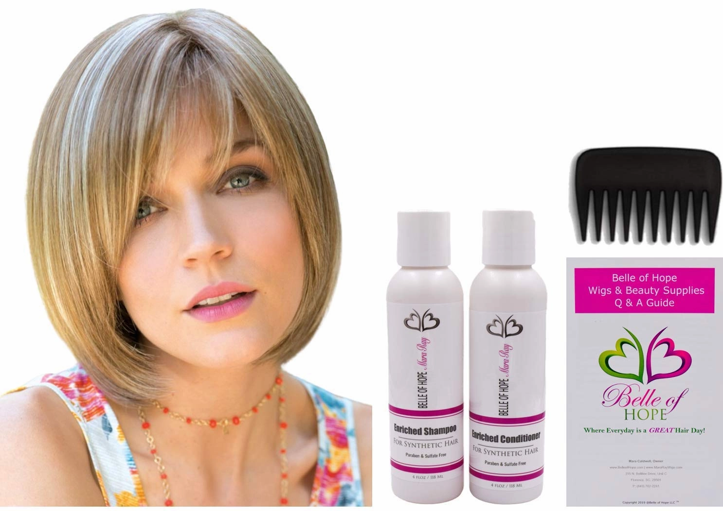 ERIKA Double Mono Synthetic Wig by Amore, 5PC Bundle: Wig, 4oz Mara Ray Enriched Shampoo, Conditioner, Wide Tooth Comb, and 19 Page Belle of Hope Guide (Coffee Latte)