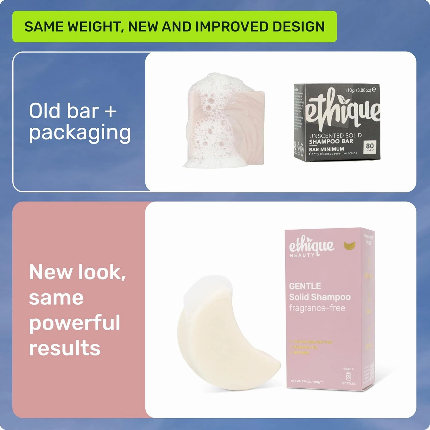 Ethique Gentle Unscented Shampoo Bar with Cocoa Butter - Plastic-Free, Cruelty-Free, Vegan, 3.88 oz - Formerly Bar Minimum