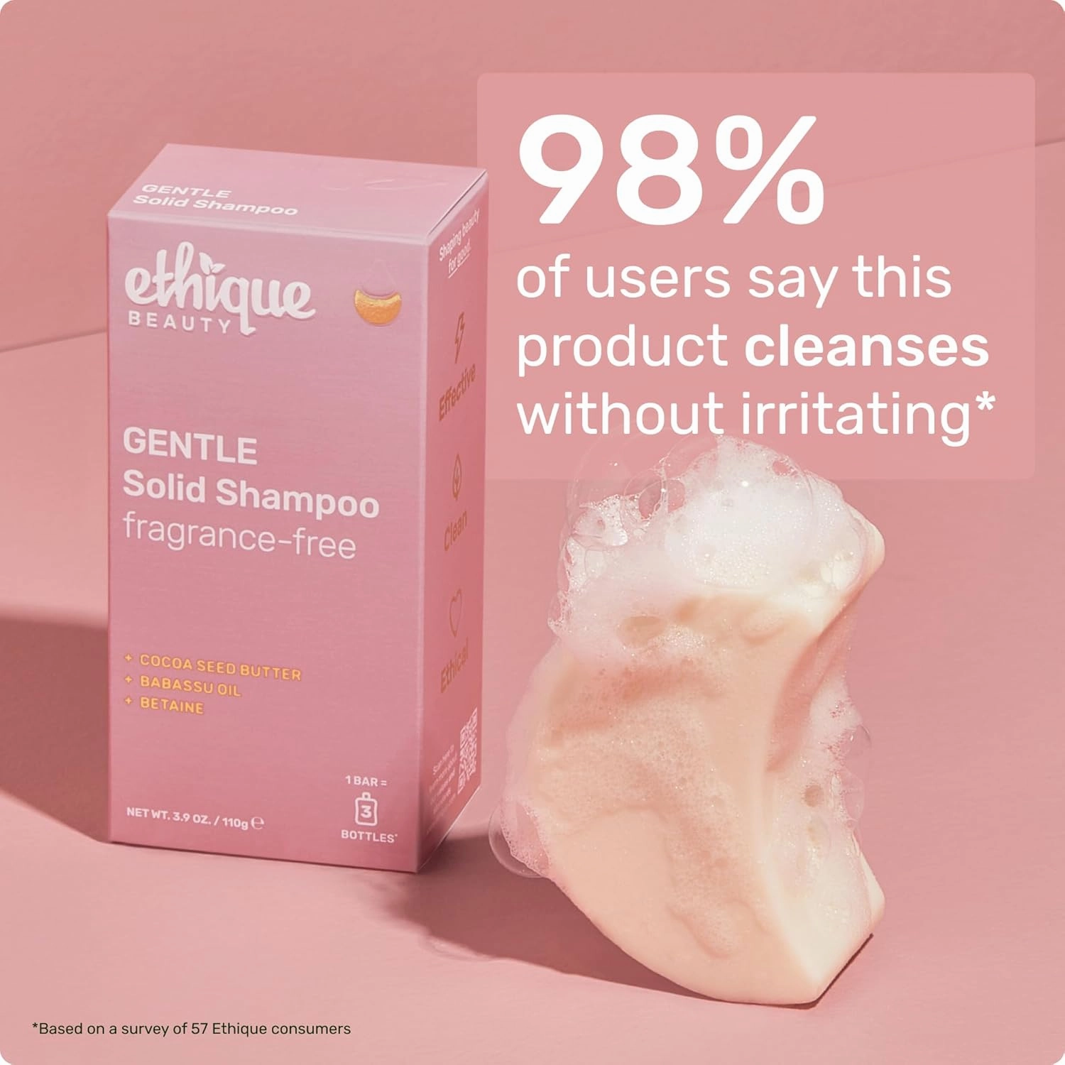 Ethique Gentle Unscented Shampoo Bar with Cocoa Butter - Plastic-Free, Cruelty-Free, Vegan, 3.88 oz - Formerly Bar Minimum