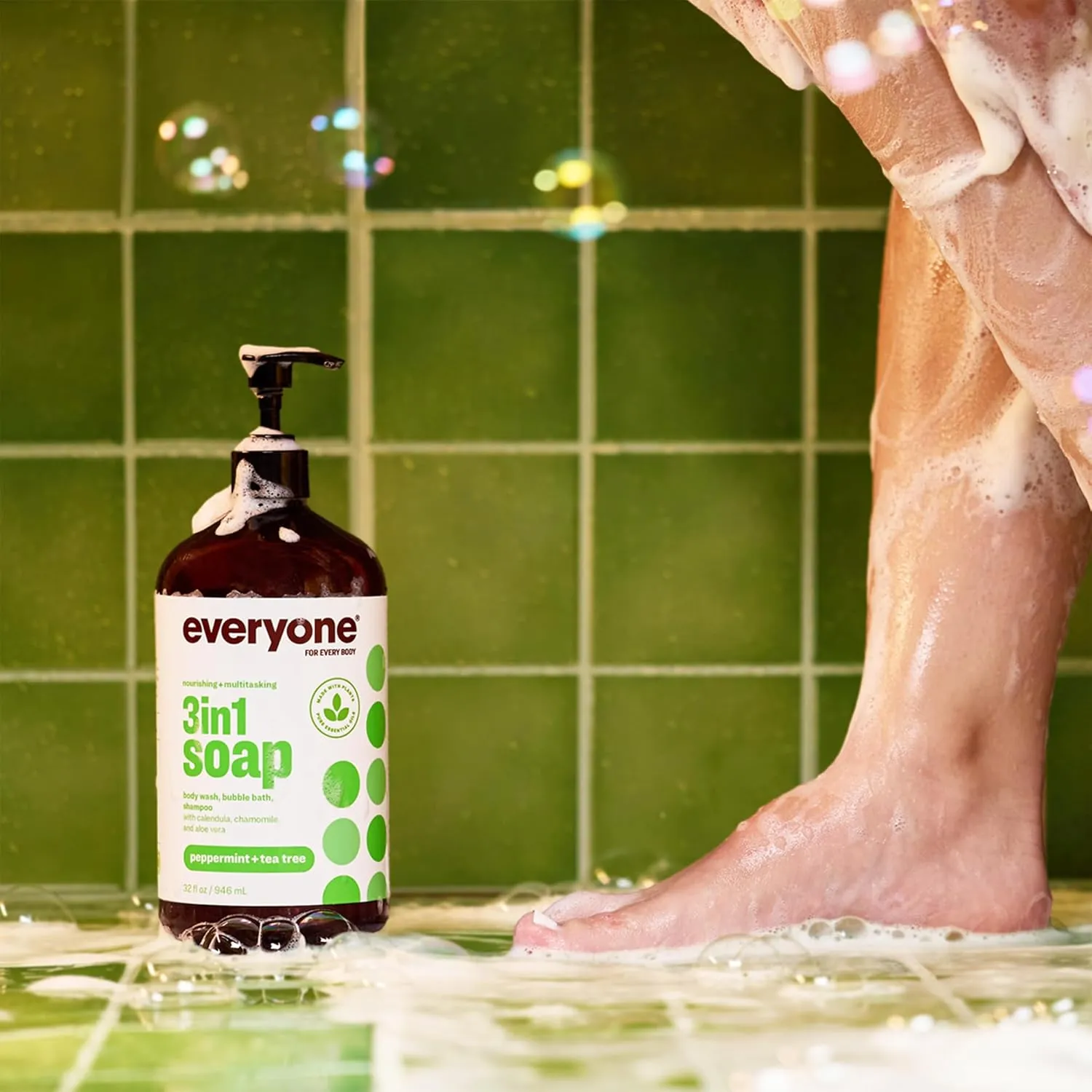 Everyone 3-in-1 Soap, Body Wash, Bubble Bath, Shampoo, 32 Ounce (Pack of 2), Peppermint Tea Tree, Coconut Cleanser with Organic Plant Extracts and Pure Essential Oils