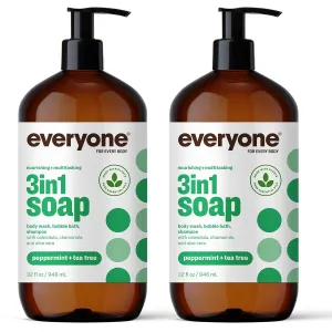 Everyone 3-in-1 Soap, Body Wash, Bubble Bath, Shampoo, 32 Ounce (Pack of 2), Peppermint Tea Tree, Coconut Cleanser with Organic Plant Extracts and Pure Essential Oils