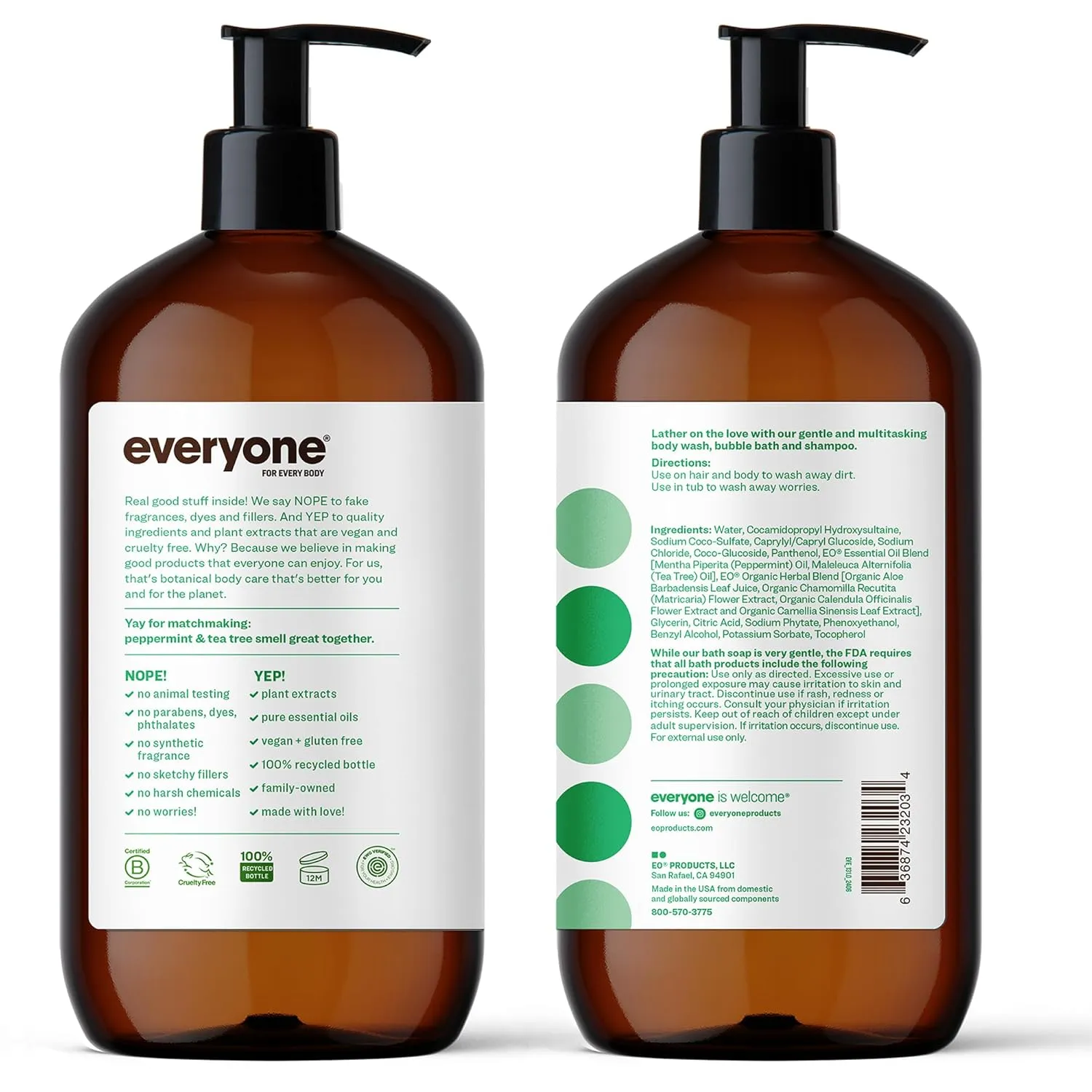 Everyone 3-in-1 Soap, Body Wash, Bubble Bath, Shampoo, 32 Ounce (Pack of 2), Peppermint Tea Tree, Coconut Cleanser with Organic Plant Extracts and Pure Essential Oils